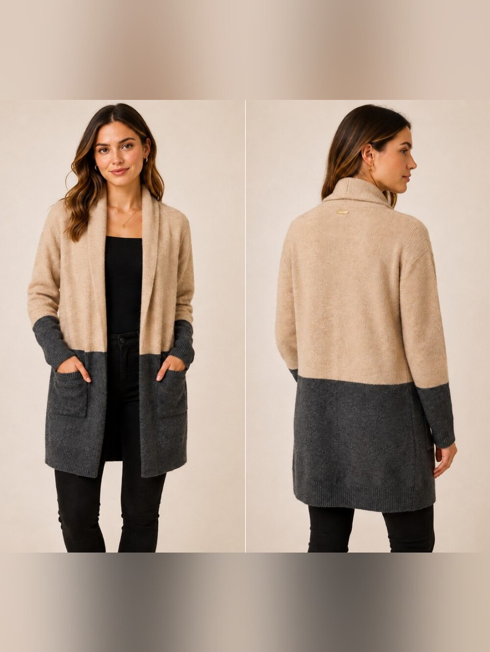MICHAEL Michael Kors Women's Long Cardigan Beige Gray Colorblock Pockets